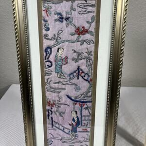 Antique Chinese Framed Forbidden Stitch Embroidered Textile Fabric Panel Sleeve